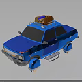 Blue Car With Luggage On Roof And Yellow Wheels In Cartoon Design