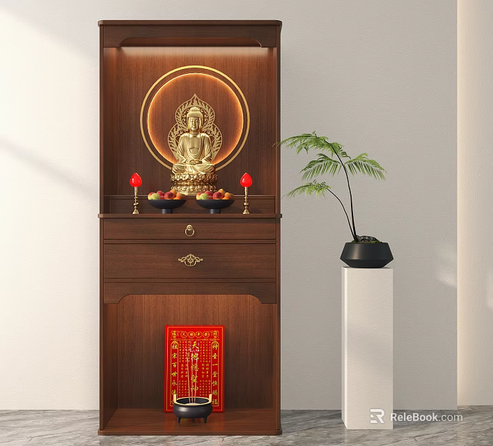 Wooden Buddhist Shrine Cabinet With Golden Buddha Statue Red Candles And Green Plant 3d model 