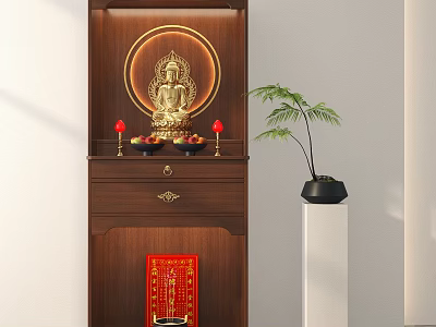 Wooden Buddhist Shrine Cabinet With Golden Buddha Statue Red Candles And Green Plant 3d model