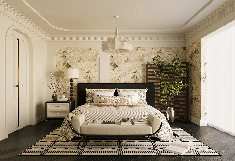 Cozy Elegant Bedroom With Patterned Wallpaper Nightstand Table Lamp Bed Bench Potted Plant And Rug 3d model 