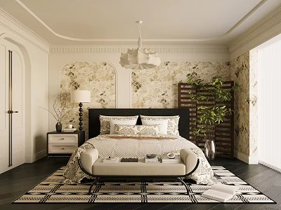Cozy Elegant Bedroom With Patterned Wallpaper Nightstand Table Lamp Bed Bench Potted Plant And Rug 3d model