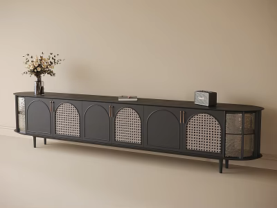 Black TV Cabinet with Arched Lattice Doors Slim Legs and Vase Radio Book on Top 3d model