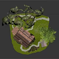 Charming Wooden Cabin with Weeping Willows Lush Lawn Stone Pathway and Small Shed