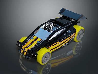 Black and Yellow Racing Car with Flame Decals Rear Spoiler and Streamlined Design 3d model
