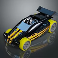 Black and Yellow Racing Car with Flame Decals Rear Spoiler and Streamlined Design