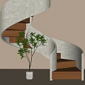 Modern Spiral Staircase With White Structure Wooden Steps And Green Plant In White Pot