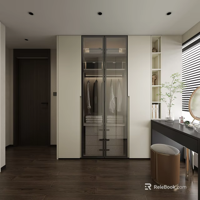 Modern Luxury Walk-in Closet Interior With Glass Doors Hanging Clothes And Drawers 3d model 