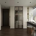 Modern Luxury Walk-in Closet Interior With Glass Doors Hanging Clothes And Drawers