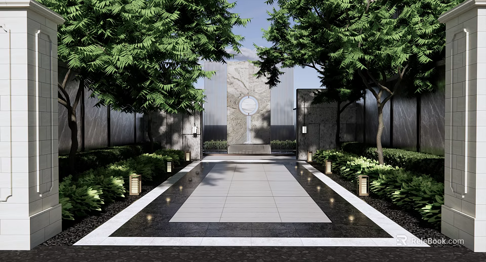Modern Courtyard Feature Wall With Stone Path Green Plants Lighting And Circular Decoration 3d model 