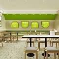 Bright Restaurant Interior With Green Ceiling Hanging Signs Menu Posters And Service Counter