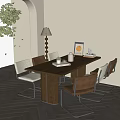 Wooden Dining Table Set with Multicolor Chairs Metal Legs Floor Lamp Wall Art Decorative Items
