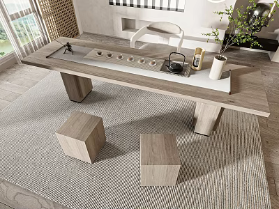 Modern Wooden Tea Table with Stools Teapot and Potted Plant in Natural Light 3d model