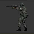 Camouflage Uniformed Military Soldier Aiming With Rifle In Tactical Stance