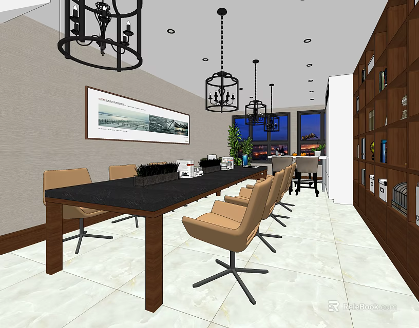Modern Public Office Space With Long Table Chairs Chandeliers Bookshelves And Wall Painting 3d model 