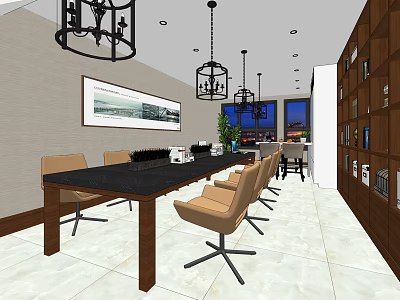 Modern Public Office Space With Long Table Chairs Chandeliers Bookshelves And Wall Painting 3d model