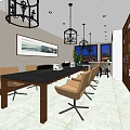 Modern Public Office Space With Long Table Chairs Chandeliers Bookshelves And Wall Painting