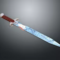 Decorative Medieval Sword With Red Hilt And Blue Patterned Blade Design