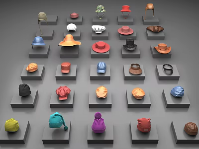 Various Colorful Hats in Different Styles Displayed on Gray Pedestals 3d model