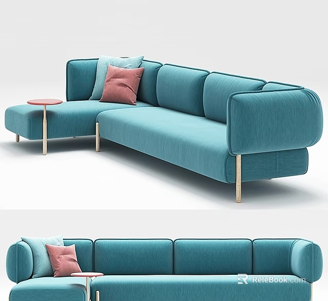 Modern Teal Upholstered Sectional Sofa With Throw Pillows And Side Table 3d model