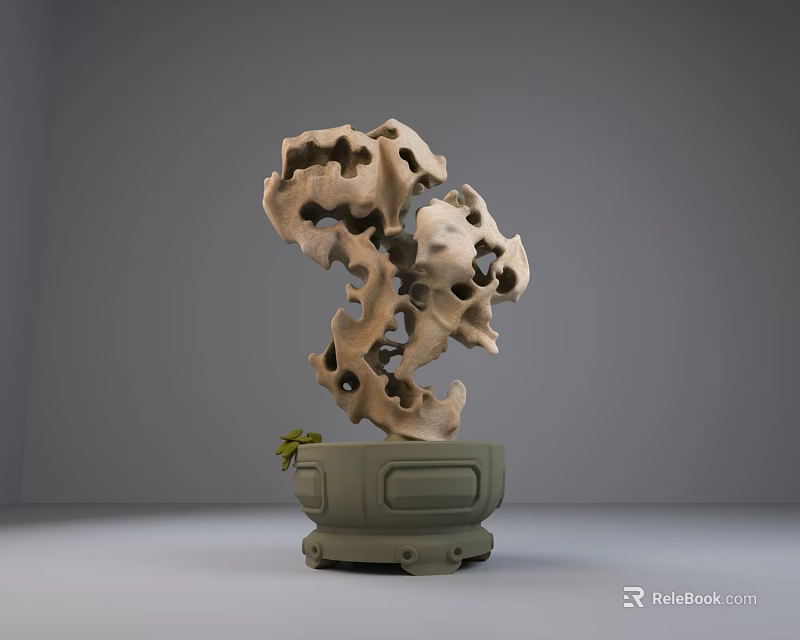 Natural Stone and Wood Decorative Sculpture with Hollow Design and Small Leaf Accent 3d model 