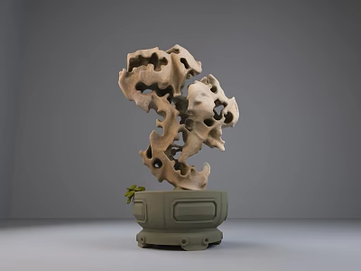 Natural Stone and Wood Decorative Sculpture with Hollow Design and Small Leaf Accent 3d model