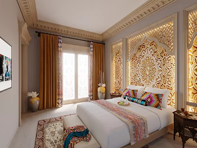 Hotel Room With Traditional Moroccan Carved Headboard Colorful Pillows Large Windows And Ornate Ceiling 3d model