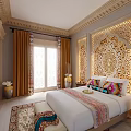 Hotel Room With Traditional Moroccan Carved Headboard Colorful Pillows Large Windows And Ornate Ceiling