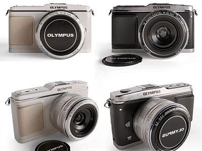 Olympus Digital Cameras Shown In Different Angles And Silver Black Colors 3d model