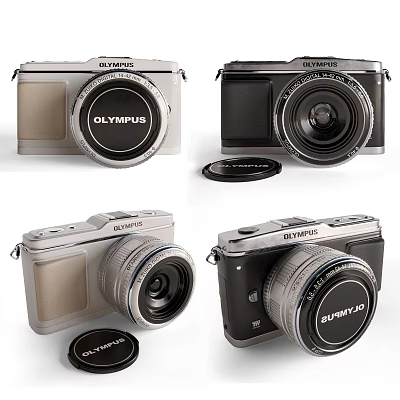 Olympus Digital Cameras Shown In Different Angles And Silver Black Colors 3d model