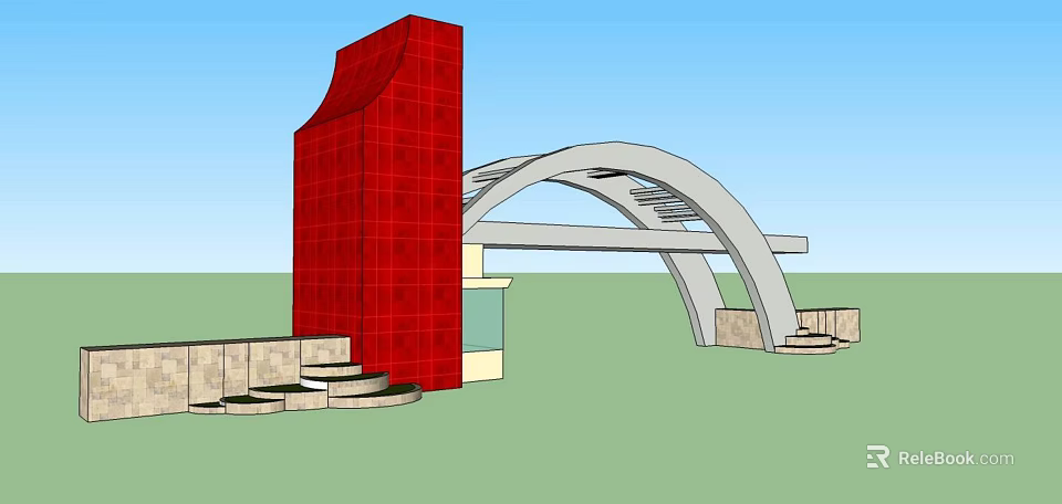 Modern Entrance Gate With Red Tower Arched Structure Steps And Blue Sky 3d model 