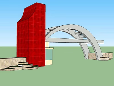 Modern Entrance Gate With Red Tower Arched Structure Steps And Blue Sky 3d model