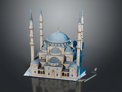 Traditional Islamic Mosque Architecture With Blue Main Dome Multiple Domes And Four Minarets 3d model