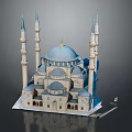 Traditional Islamic Mosque Architecture With Blue Main Dome Multiple Domes And Four Minarets