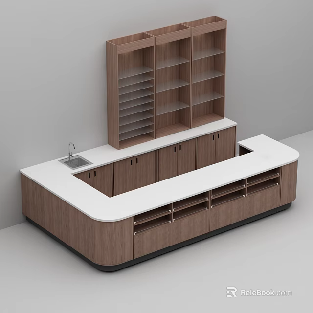 Modern Wooden Cashier Counter With White Countertop Cabinets Drawers And Upper Shelves 3d model 