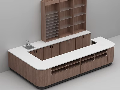 Modern Wooden Cashier Counter With White Countertop Cabinets Drawers And Upper Shelves 3d model