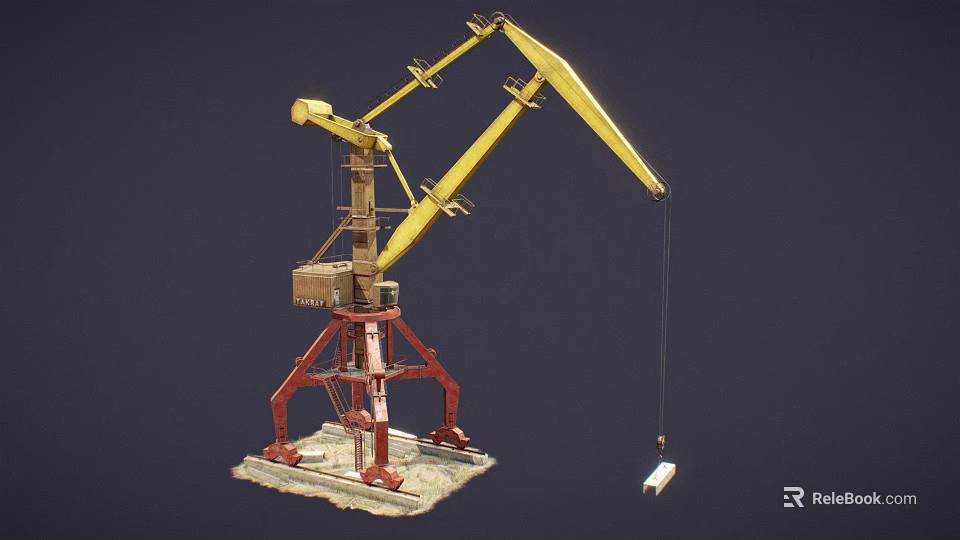 Yellow Crane Model With Red Base And Extended Boom On Dark Background With Hanging Hook 3d model
