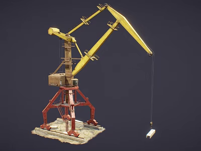Yellow Crane Model With Red Base And Extended Boom On Dark Background With Hanging Hook 3d model