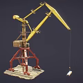 Yellow Crane Model With Red Base And Extended Boom On Dark Background With Hanging Hook 3d model