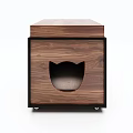 Wooden Cat Bed With Walnut Wood Finish Cat Face Shaped Entrance And Rolling Wheels