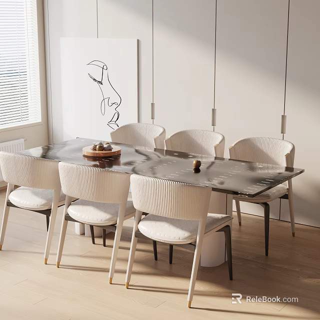 Modern Dining Table Set With White Chairs Marble Top And Pendant Lights 3d model 
