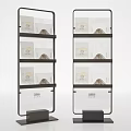 Black Frame Modern Display Shelves With Multiple Tiers Holding Packaged Items