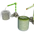 Natural Bamboo Water Spout Garden Ornament With Stone Basin And Decorative Rocks