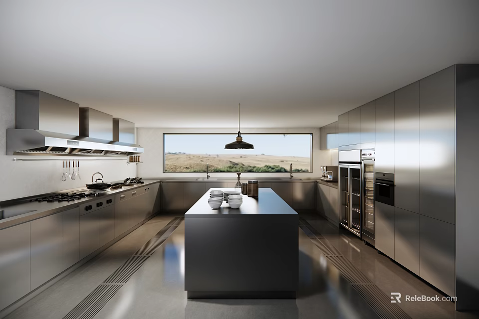 Modern Commercial Kitchen Featuring Stainless Steel Cabinets Appliances Central Island And Scenic Window 3d model 