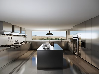 Modern Commercial Kitchen Featuring Stainless Steel Cabinets Appliances Central Island And Scenic Window 3d model