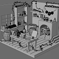 Cartoon Cozy Room Scene With Wooden Barrels Fireplace Green Vines And Bookshelves