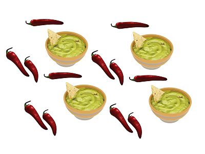 Creamy Green Guacamole Bowls With Tortilla Chips And Red Chili Peppers 3d model