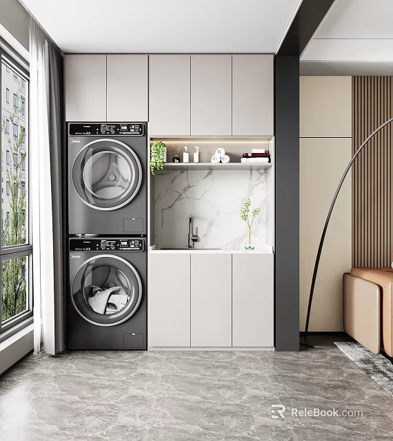 Modern Home Balcony Laundry Area With Stacked Washer Dryer Marble Countertop Sink And Green Plant 3d model 
