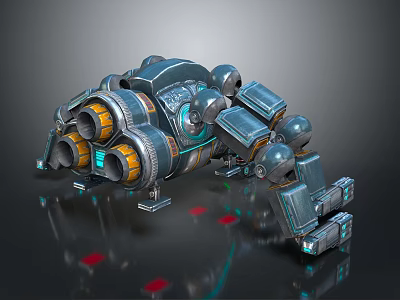 3D Rendered Futuristic Mechanical Device Featuring Metallic Arms Blue Orange Details And Red Markers 3d model