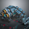 3D Rendered Futuristic Mechanical Device Featuring Metallic Arms Blue Orange Details And Red Markers