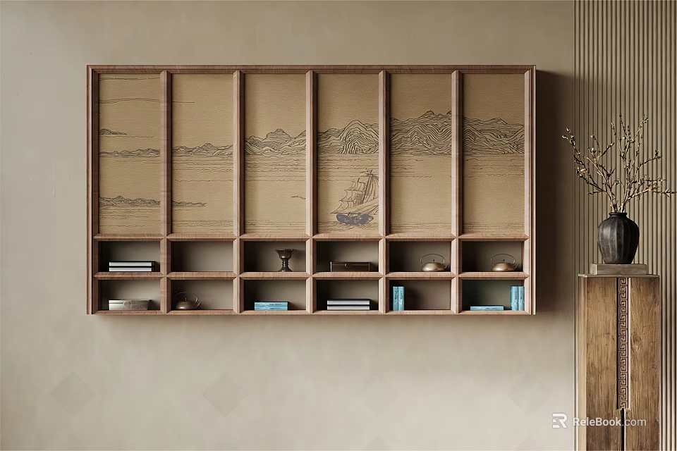 Traditional Wooden Tea Cabinet With Landscape Painting Design And Multiple Compartments 3d model 